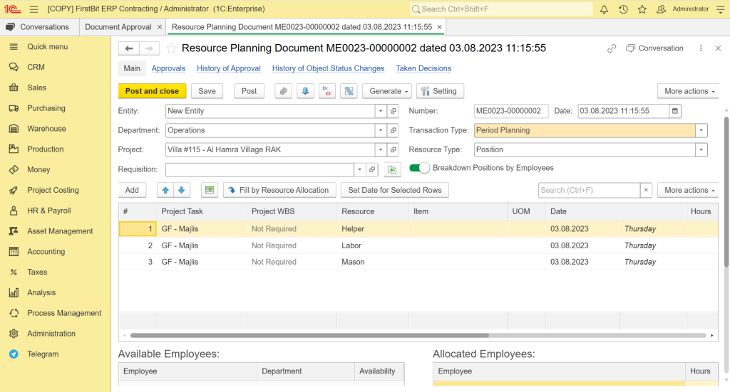 Planned Project P&L by Budget in FirstBit ERP