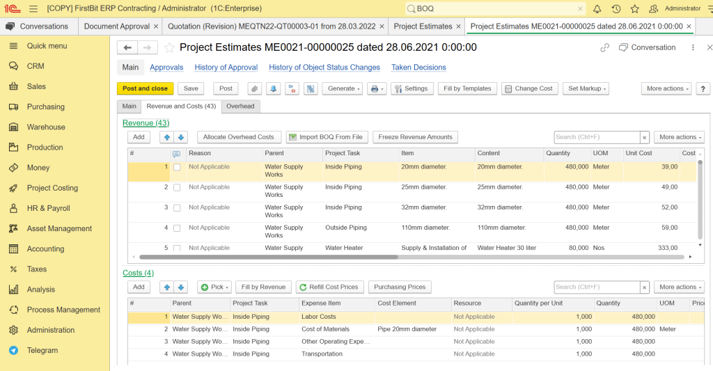 BOQ-based project estimation in FirstBit ERP, with revenue and cost breakdown by project task