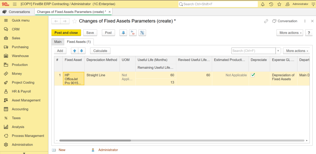 Changes of fixed asset parameters in FirstBit ERP Contracting