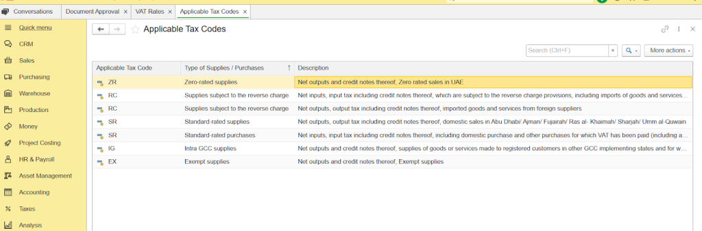 FirstBit tax codes for supplies and purchases in the UAE
