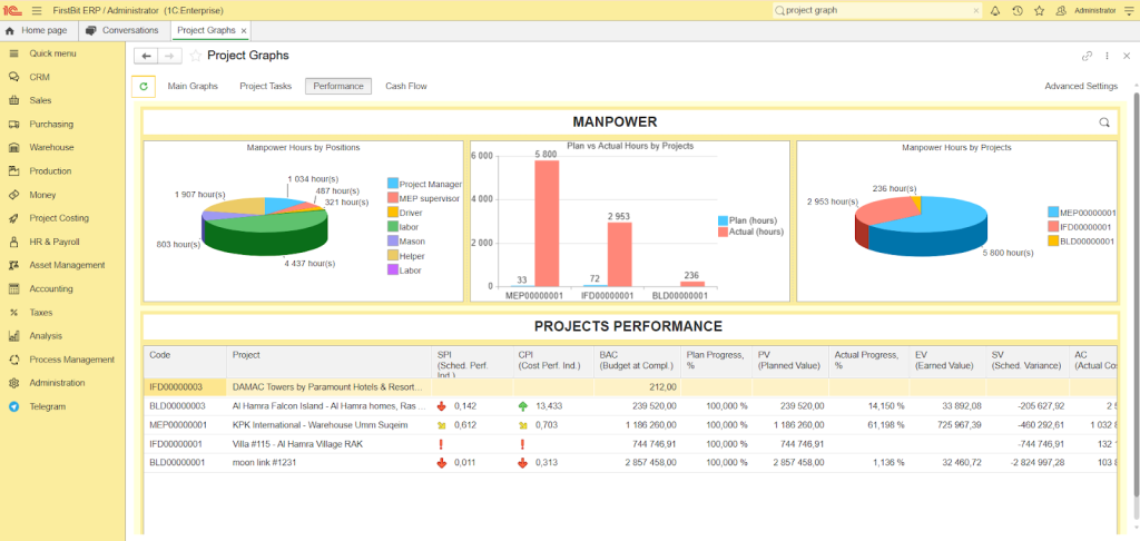 Project performance graphs in FirstBit ERP