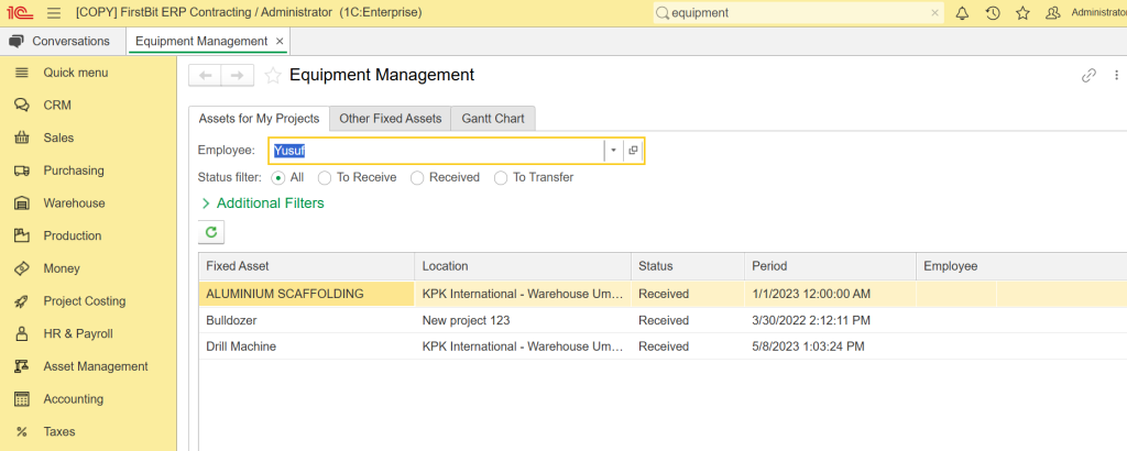 Fixed asset depreciation in FirstBit ERP Contracting 