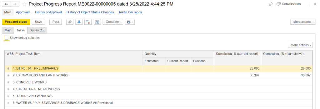 Project progress report in FirstBit ERP Contracting