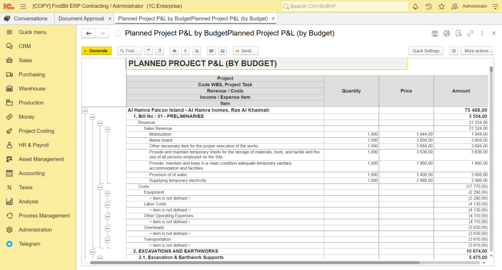 BOQ/WBS-based Planned Project P&L report in FirstBit ERP