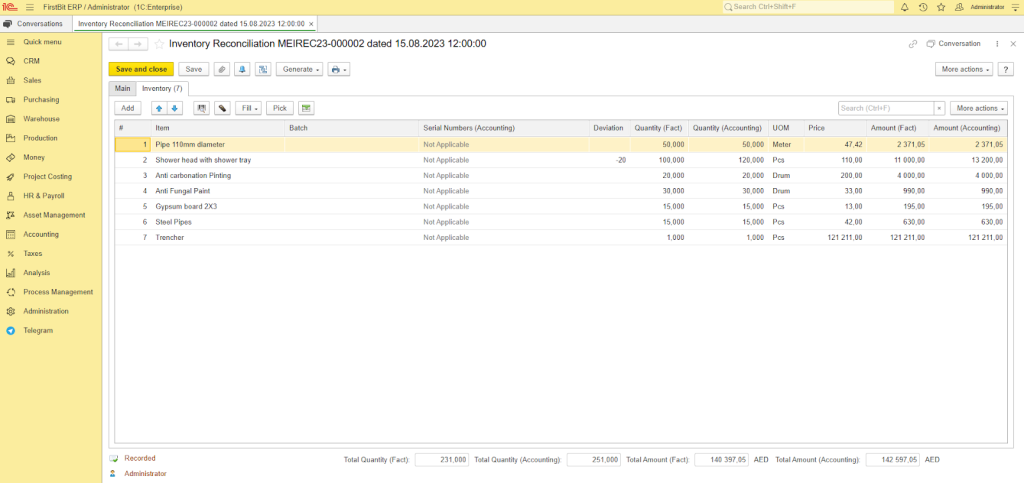 Inventory reconciliation in FirstBit