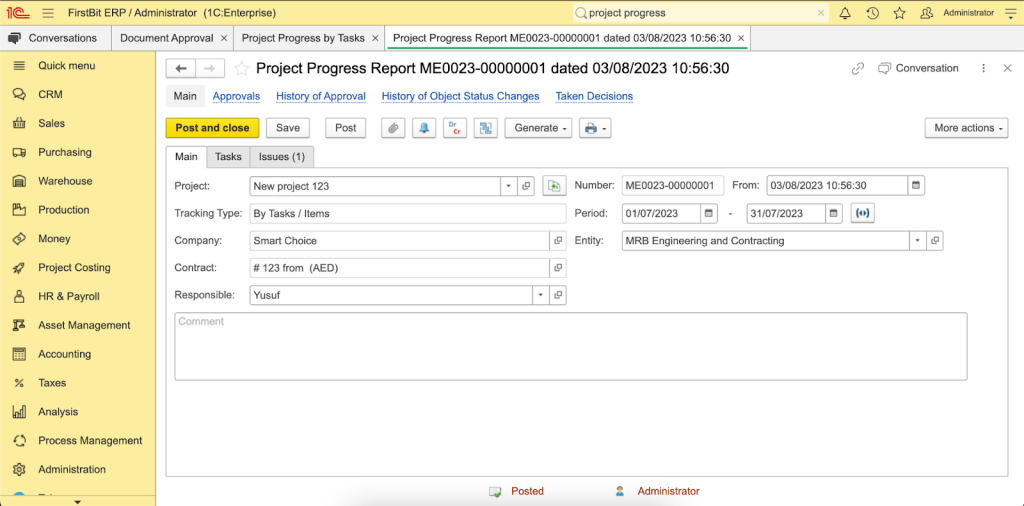 Project progress dashboard in FirstBit ERP