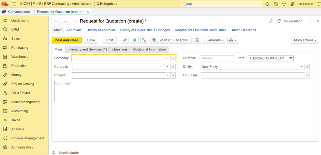 Creating RFQ in FirstBit ERP Contracting