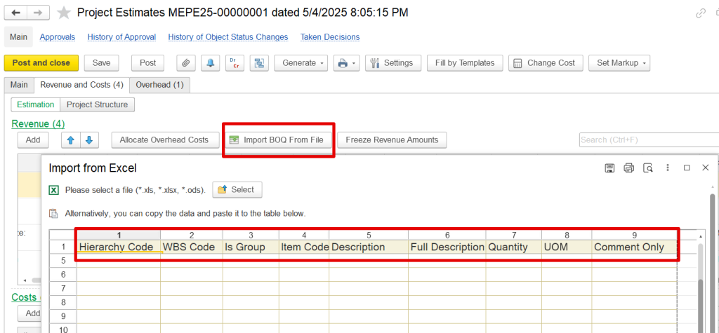 Import BOQ from the file in FirstBit ERP