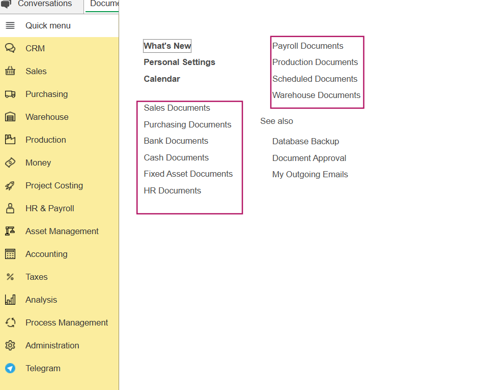 Different kinds of data documents in FirsBit ERP