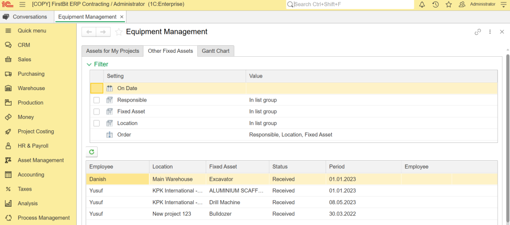 Equipment management in FirstBIt ERP Contracting