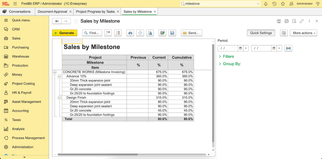 Sales by milestones report created using FirstBit ERP