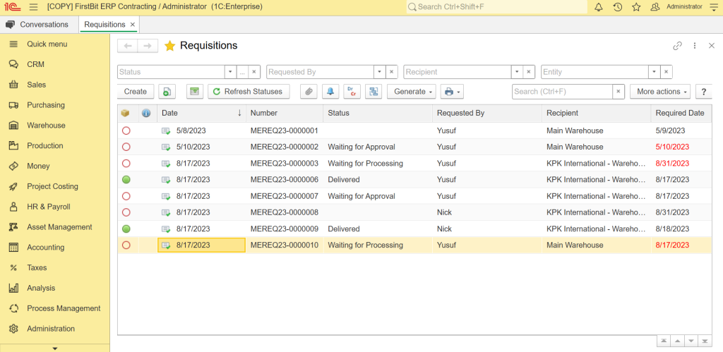 Requisitions in FirstBit ERP Contracting
