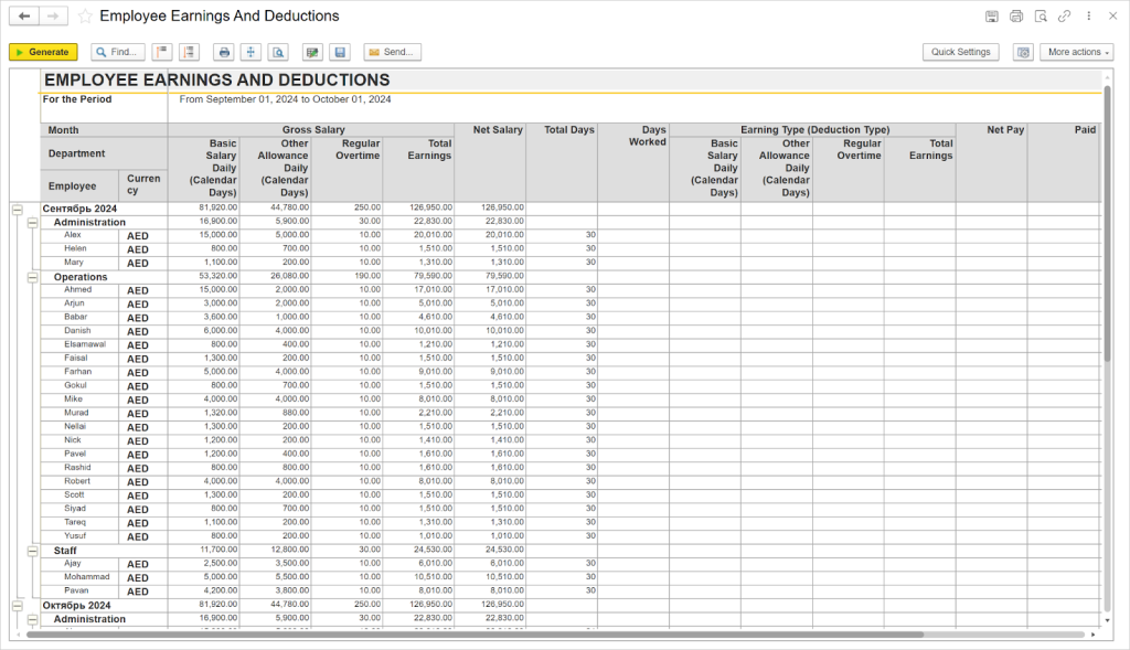 Payroll run: earnings, overtime, deductions, and net salary in FirstBit ERP Contracting