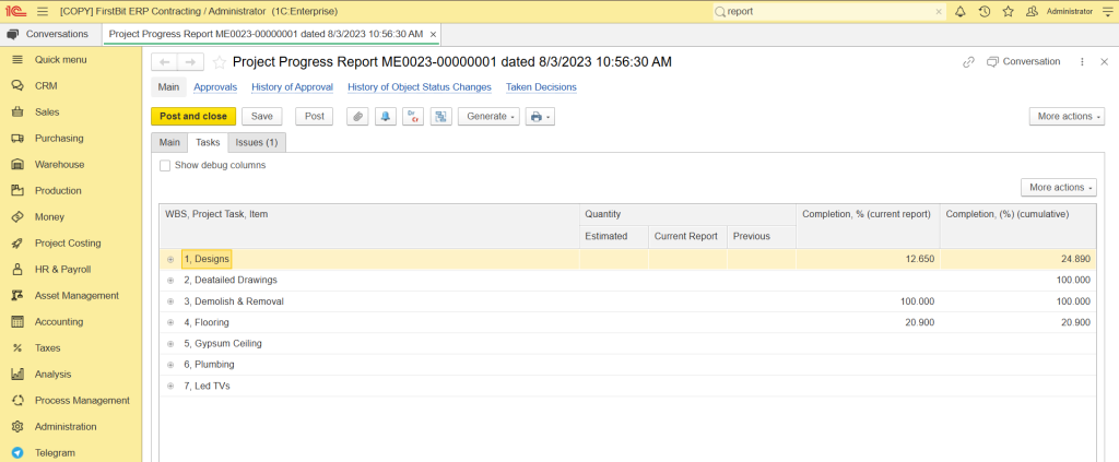 Tasks & project progress in FirstBit ERP Contracting