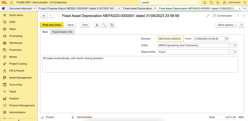Fixed asset depreciation in FirstBit ERP