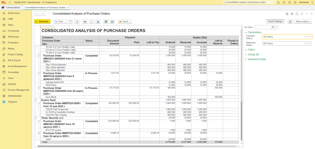 Consolidated analysis of purchase orders in FirstBit