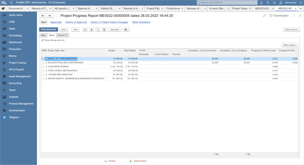 Project Progress Report in FirstBit ERP