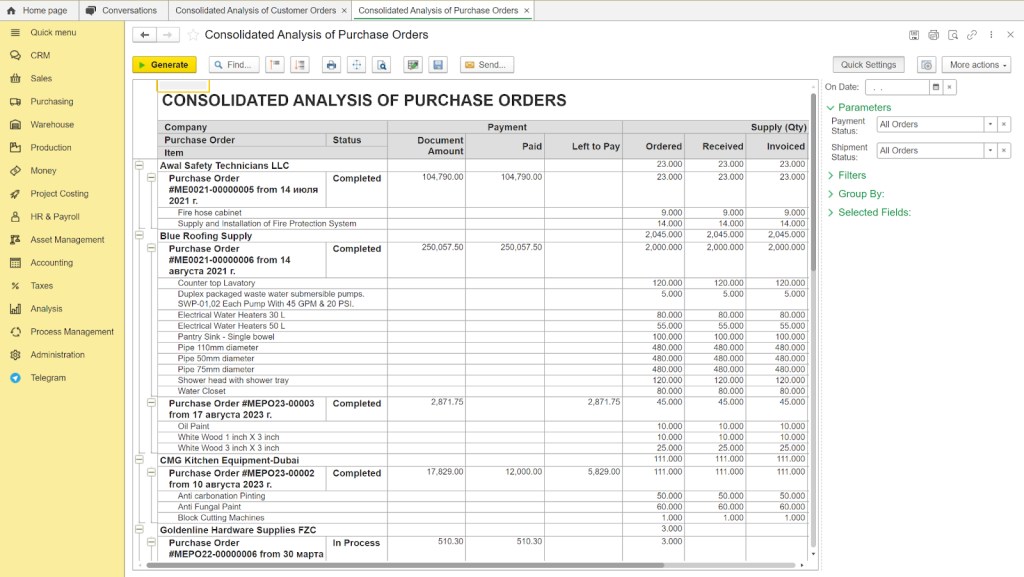 Consolidated analysis of purchase orders