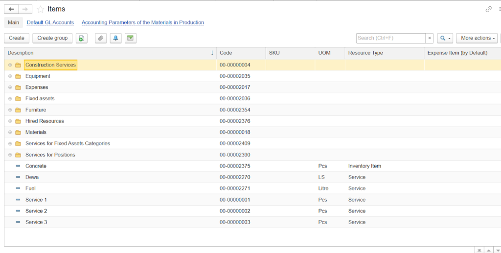 List of spare parts and inventory items tied to assets in firstBit ERP