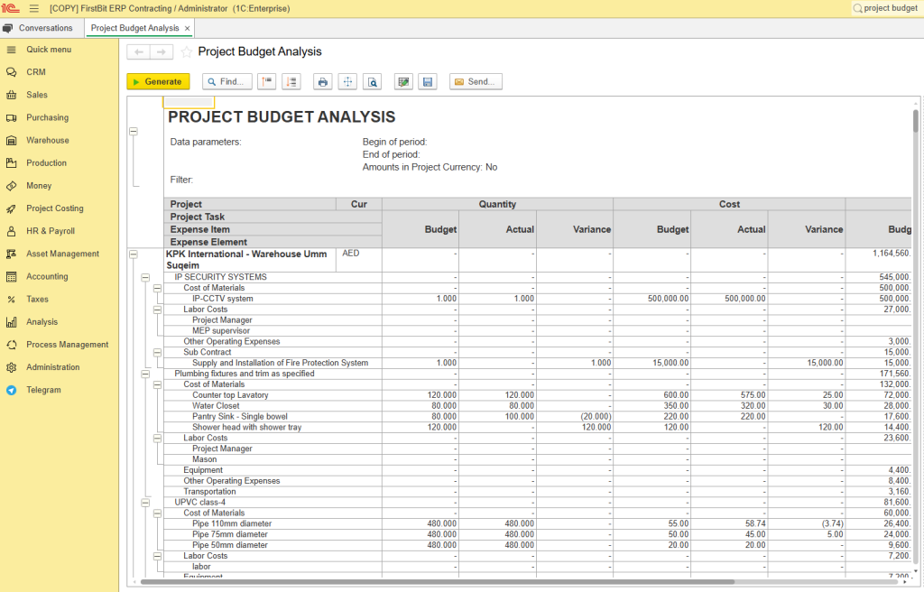 Project budget analysis in FirstBit ERP Contracting